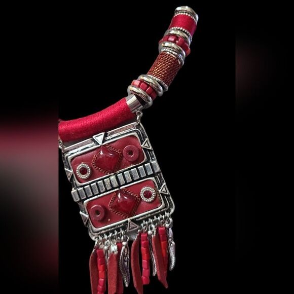 PARIS Necklace Ethnic Tribal Statement Solid Reversible Red & Silver - Picture 4 of 13